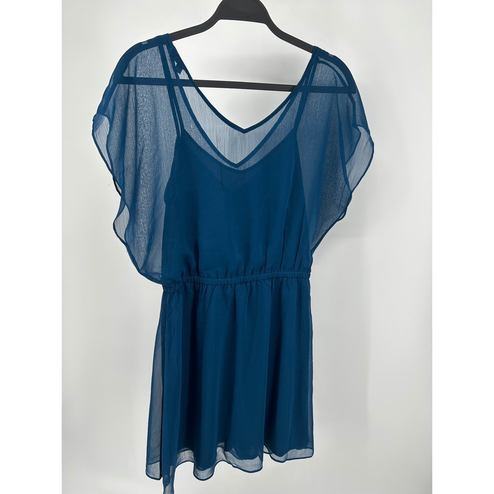 Express Teal Blue Chiffon Flutter Sleeve Elastic Waist V-Neck Mini Dress Medium‎ - Picture 4 of 8